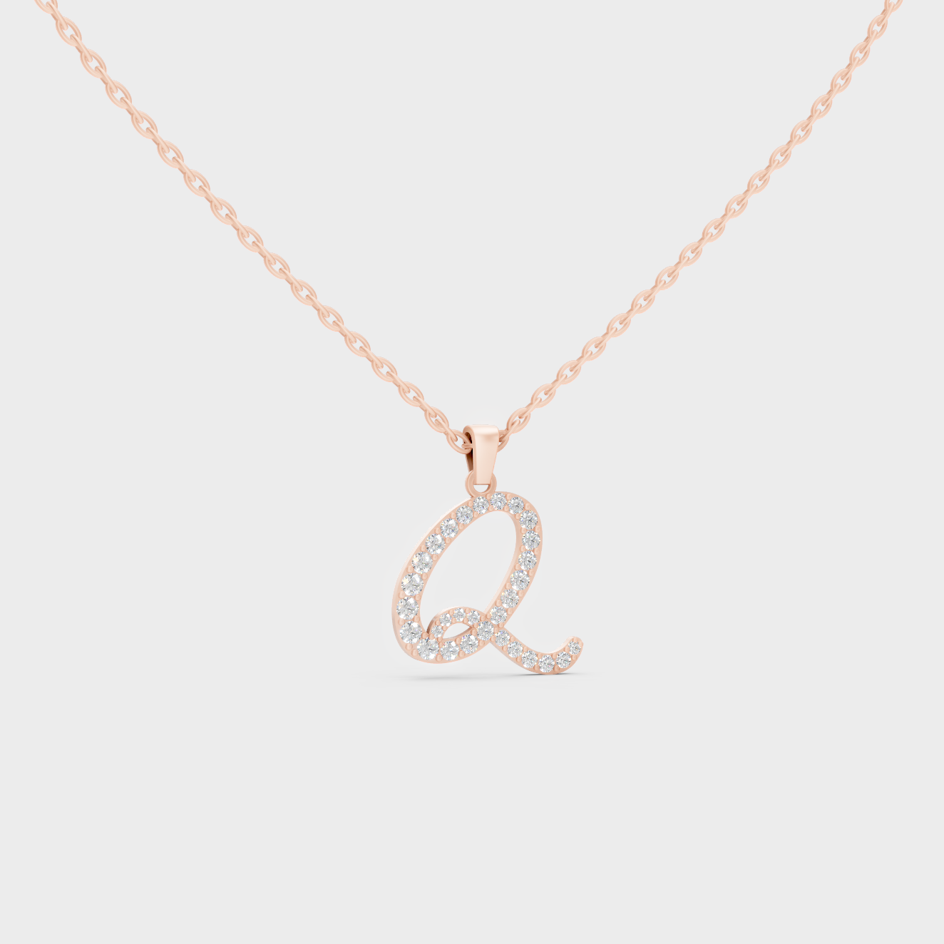 Blush Pink 14K Rose Gold Letter Q Initial Necklace Set with Brilliant Round Lab Diamonds