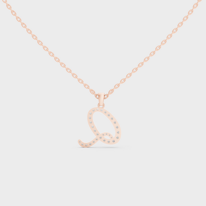 Side Angle of Personalized Alphabet Q Lab Diamond Charm on 18K Rose Gold Chain