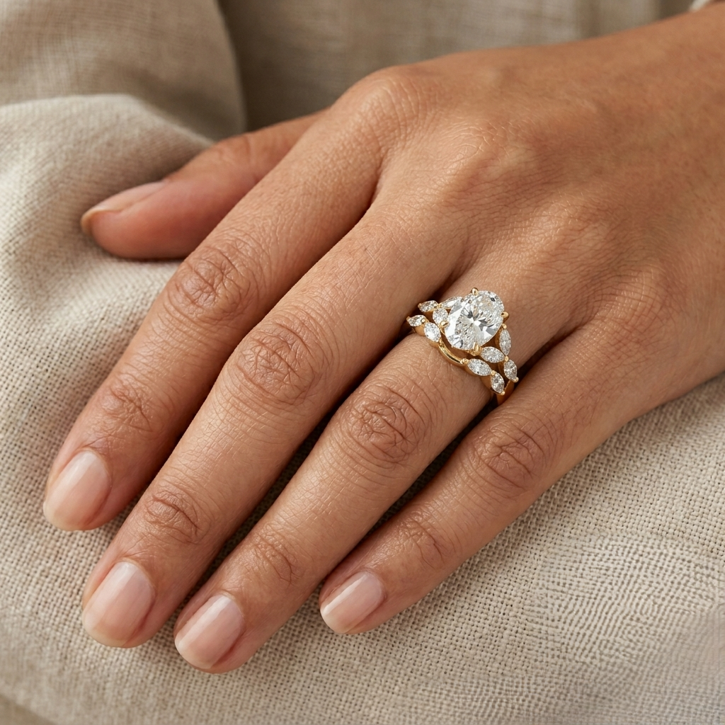 3.2 Ct Oval &amp; Marquise Cut Lab-Grown Diamond Ring Set in 9K, 14K, 18K Yellow, White, Rose Gold or 950 Platinum. Ethical luxury fine jewelry with refined sparkle.