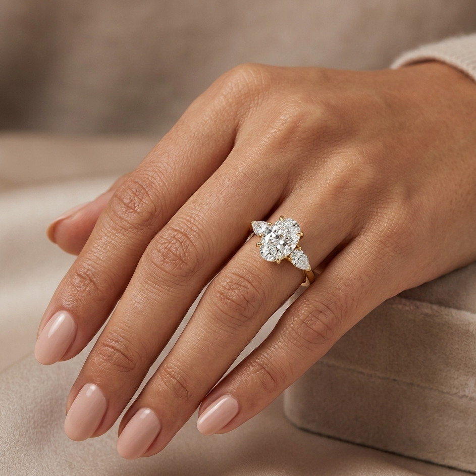 Oval Pear Three Stone Diamond Ring In  14K Yellow Gold