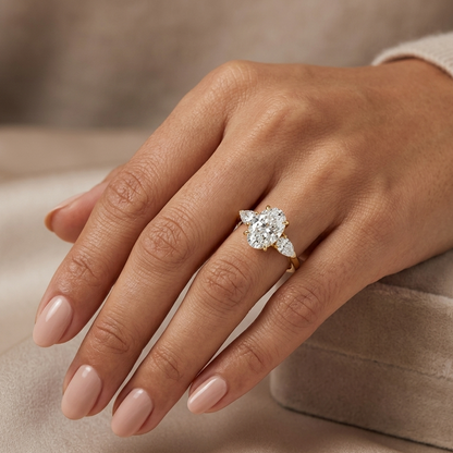 Oval Pear Three Stone Diamond Ring In  14K Yellow Gold