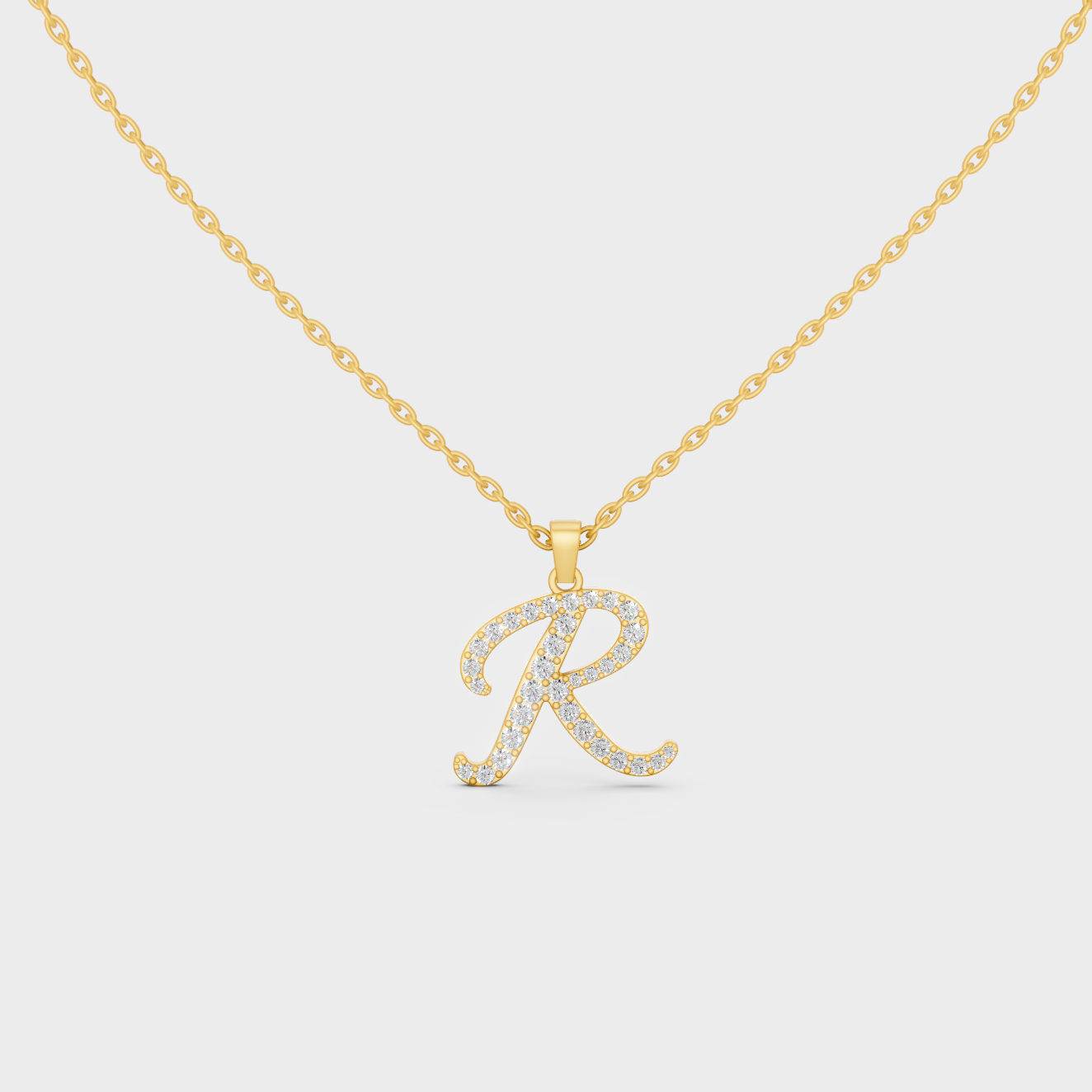 Front View of "R" Alphabet Lab Grown Diamond Pendant with Matching Yellow Gold Chain