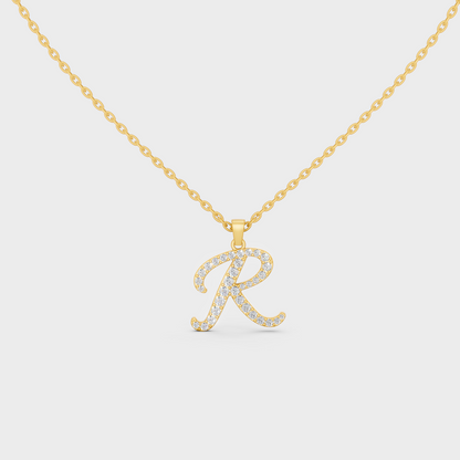 Front View of "R" Alphabet Lab Grown Diamond Pendant with Matching Yellow Gold Chain