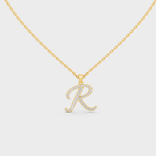 Front View of "R" Alphabet Lab Grown Diamond Pendant with Matching Yellow Gold Chain
