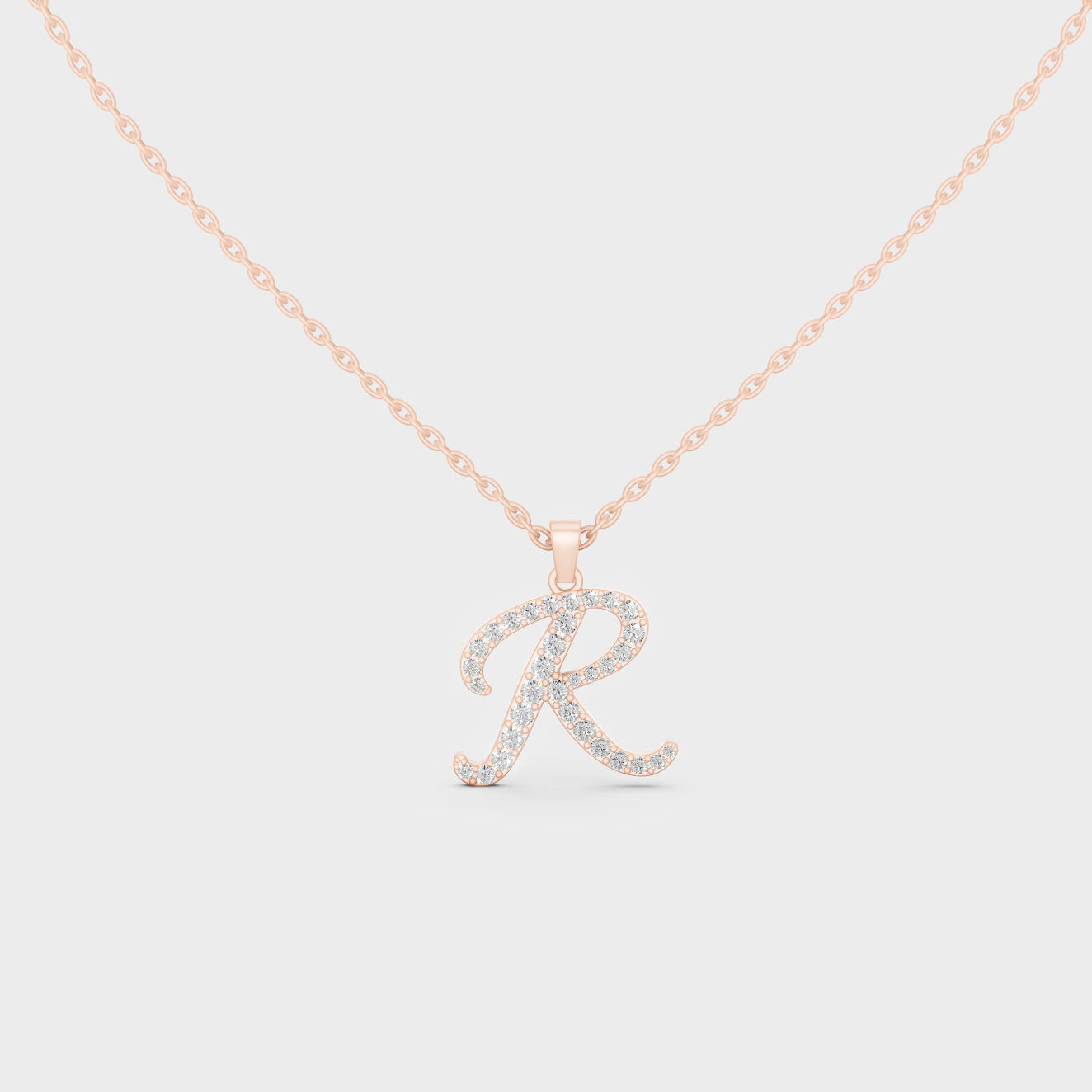 Romantic Rose Gold "R" Alphabet Lab Grown Diamond Pendant and Dainty Cable Chain