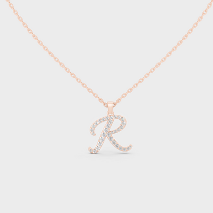 Romantic Rose Gold "R" Alphabet Lab Grown Diamond Pendant and Dainty Cable Chain