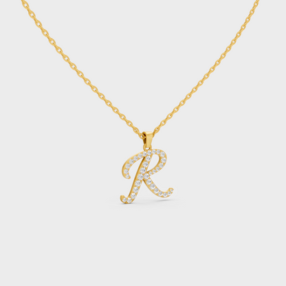 Close Up of Initial Letter R Sustainable Diamond Pendant and 18K Yellow Gold Chain