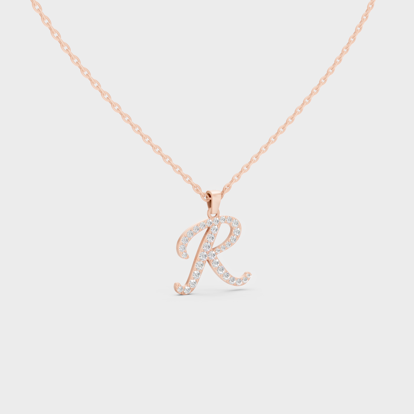 Blush Pink 14K Rose Gold Letter R Initial Necklace Set with Brilliant Round Lab Diamonds