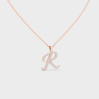 Blush Pink 14K Rose Gold Letter R Initial Necklace Set with Brilliant Round Lab Diamonds