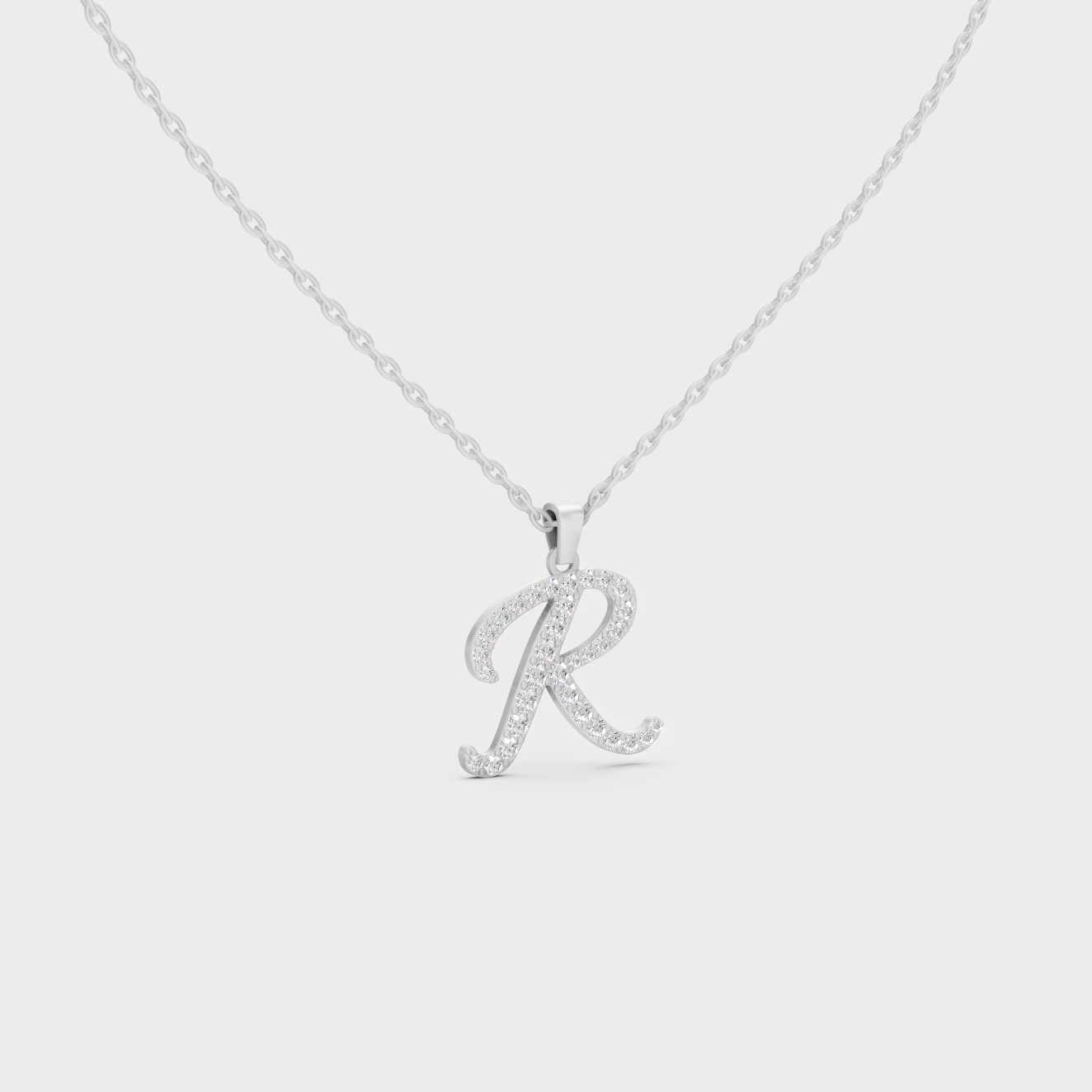 Micro Pave Letter R Initial Necklace Shining with Premium 18K White Gold Chain Set