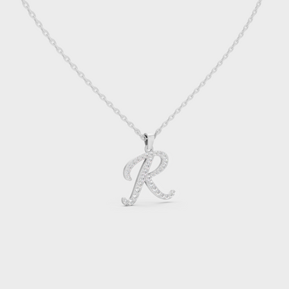 Micro Pave Letter R Initial Necklace Shining with Premium 18K White Gold Chain Set
