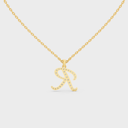 Model Wearing Capital Letter R Lab Created Diamond Necklace in 9K Yellow Gold