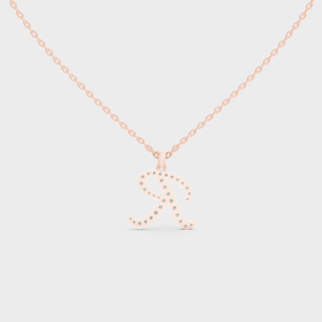 Side Angle of Personalized Alphabet R Lab Diamond Charm on 18K Rose Gold Chain