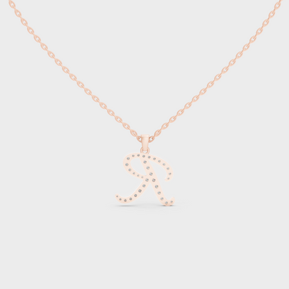 Side Angle of Personalized Alphabet R Lab Diamond Charm on 18K Rose Gold Chain