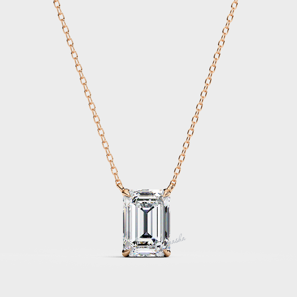 Certified IGI rose gold emerald cut lab grown diamond solitaire pendant with chain – 9K 14K 18K