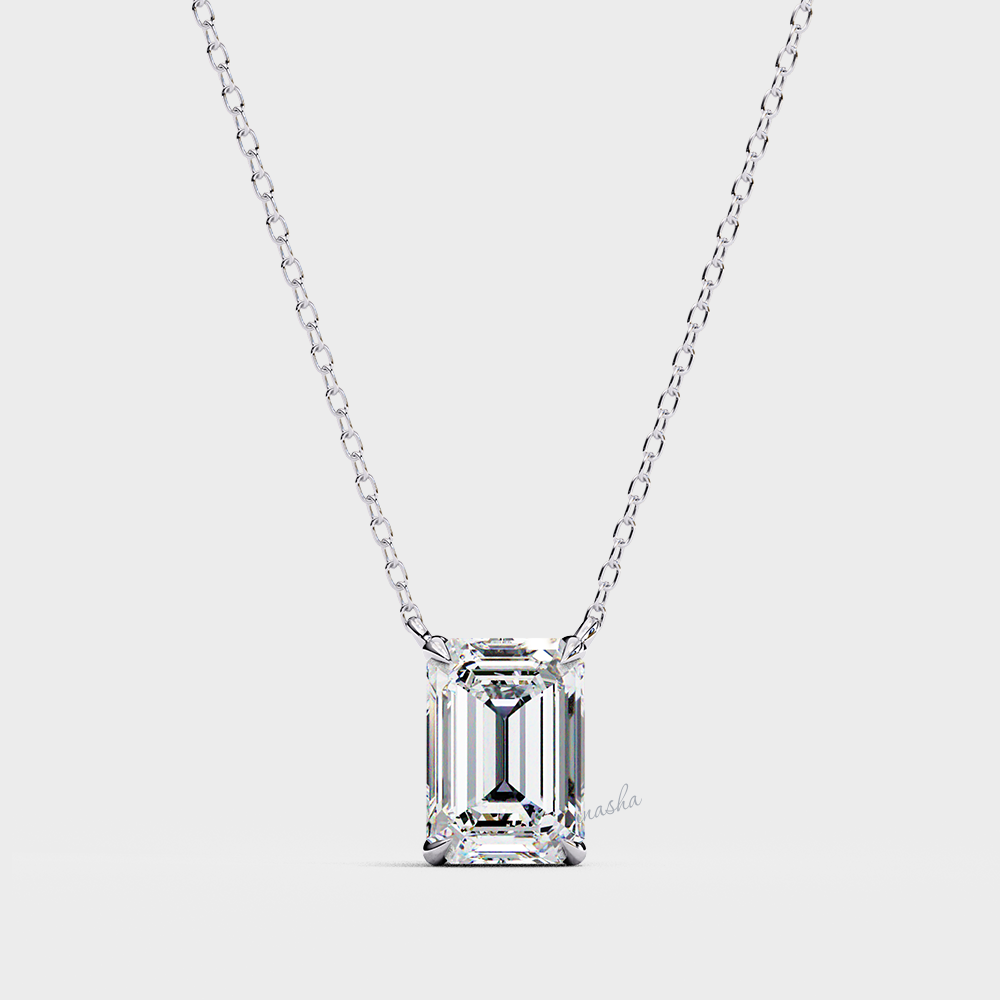 Certified IGI white gold emerald cut lab grown diamond solitaire pendant with chain