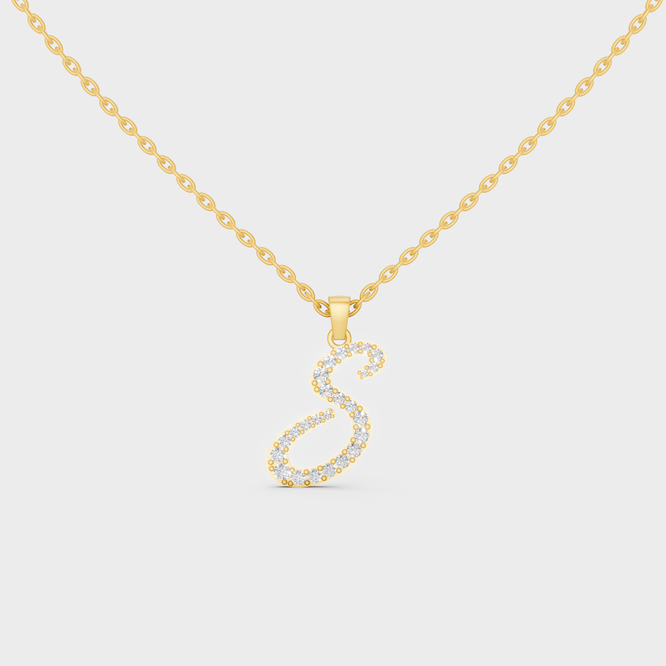 Front View of "S" Alphabet Lab Grown Diamond Pendant with Matching Yellow Gold Chain