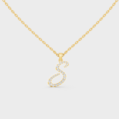 Front View of "S" Alphabet Lab Grown Diamond Pendant with Matching Yellow Gold Chain