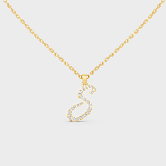 Front View of "S" Alphabet Lab Grown Diamond Pendant with Matching Yellow Gold Chain