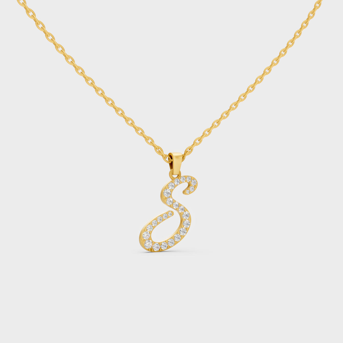 Close Up of Initial Letter S Sustainable Diamond Pendant and 18K Yellow Gold Chain
