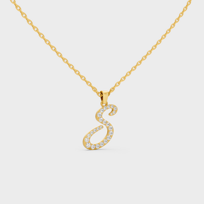 Close Up of Initial Letter S Sustainable Diamond Pendant and 18K Yellow Gold Chain