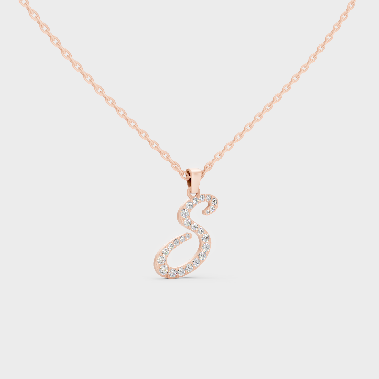 Blush Pink 14K Rose Gold Letter S Initial Necklace Set with Brilliant Round Lab Diamonds