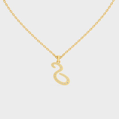 Model Wearing Capital Letter S Lab Created Diamond Necklace in 9K Yellow Gold