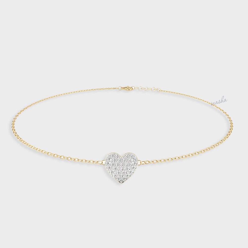 Certified GLI round cut lab grown diamond heart chain bracelet in yellow gold 9K 14K 18K