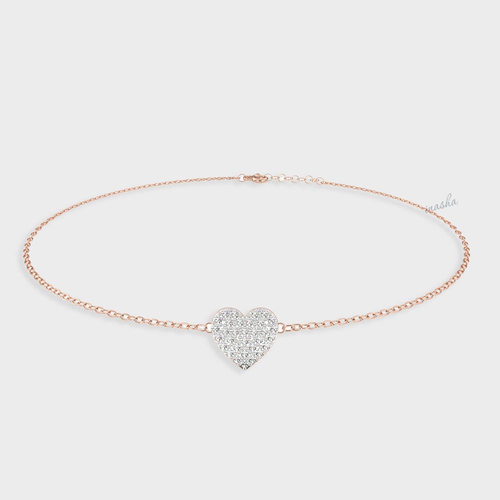 Certified GLI round cut lab grown diamond heart chain bracelet in rose gold 9K 14K 18K