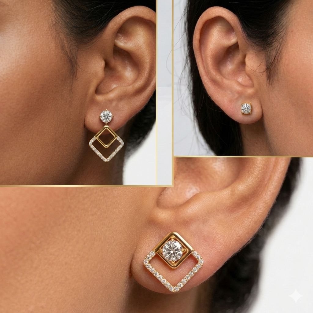 Discover Elegant Lab-Grown Diamond Convertible Earrings Featuring 2 Carat Total Weight Certified Round Cut Diamonds (1 Carat Each). Crafted In Yellow, Rose, White Gold And Premium 950 Platinum For Ethical Luxury And Brilliant Sparkle.