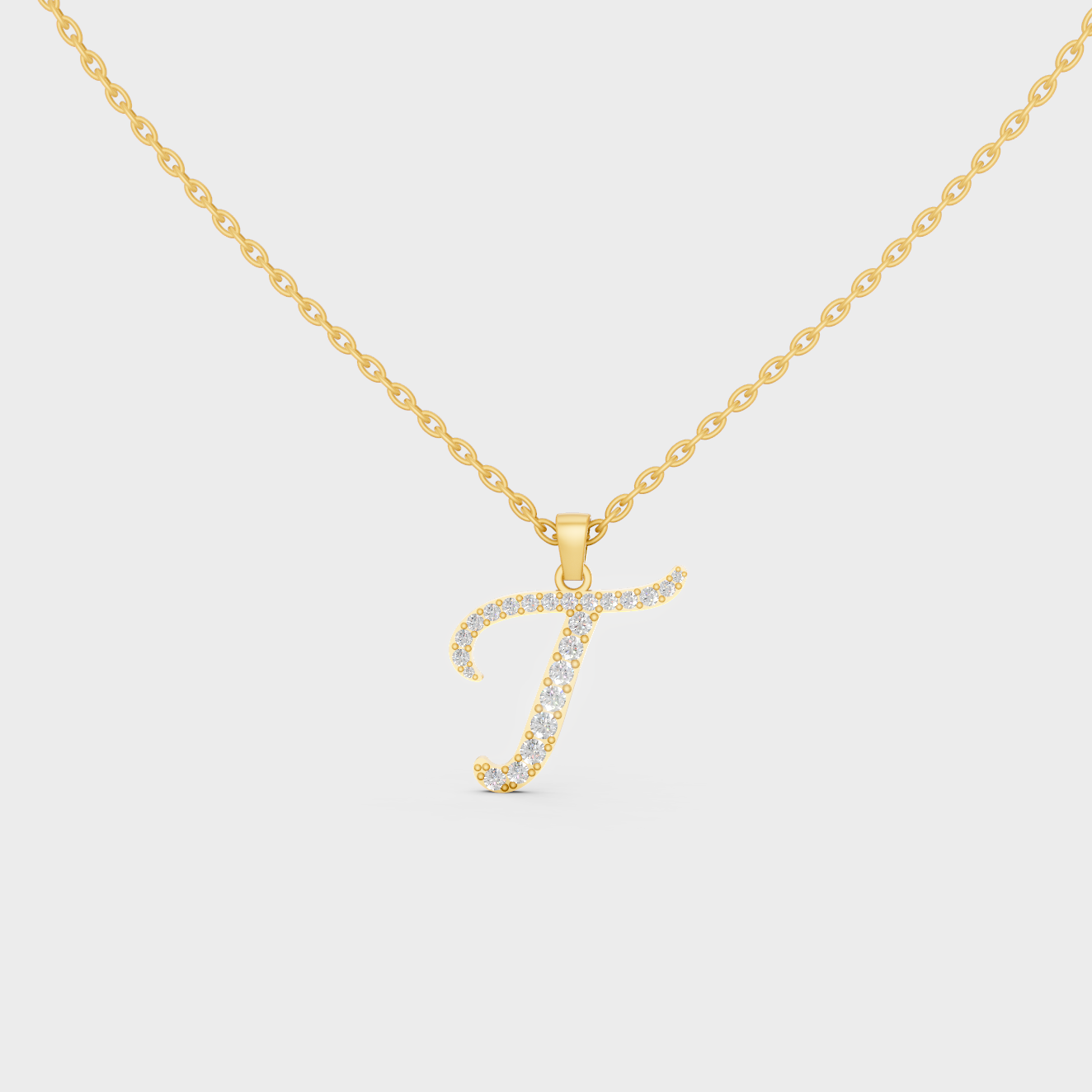 Front View of "T" Alphabet Lab Grown Diamond Pendant with Matching Yellow Gold Chain