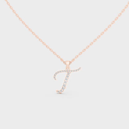 Romantic Rose Gold "T" Alphabet Lab Grown Diamond Pendant and Dainty Cable Chain