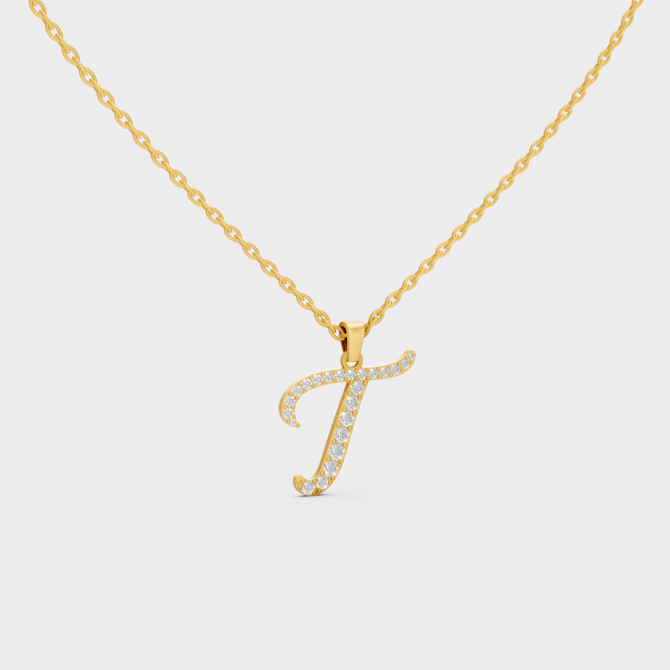 Close Up of Initial Letter T Sustainable Diamond Pendant and 18K Yellow Gold Chain
