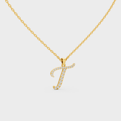 Close Up of Initial Letter T Sustainable Diamond Pendant and 18K Yellow Gold Chain