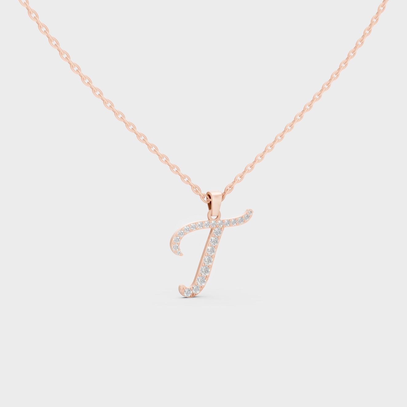 Blush Pink 14K Rose Gold Letter T Initial Necklace Set with Brilliant Round Lab Diamonds