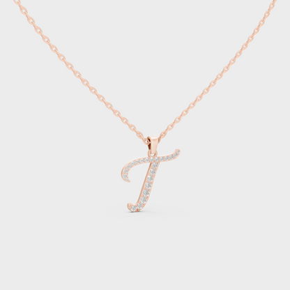 Blush Pink 14K Rose Gold Letter T Initial Necklace Set with Brilliant Round Lab Diamonds