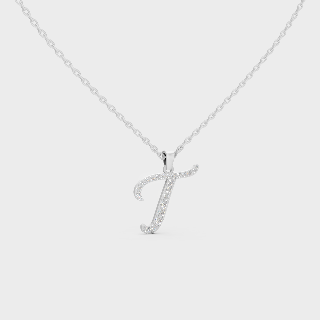 Micro Pave Letter T Initial Necklace Shining with Premium 18K White Gold Chain Set