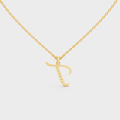 Model Wearing Capital Letter T Lab Created Diamond Necklace in 9K Yellow Gold