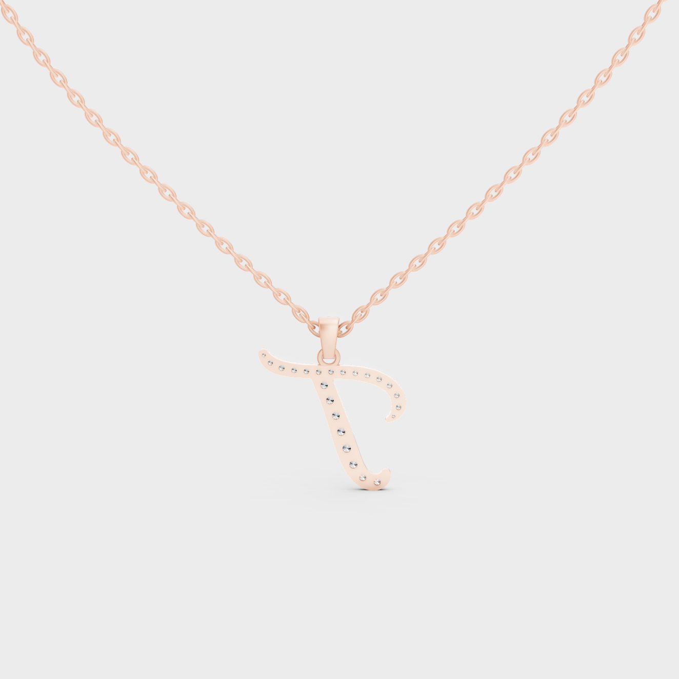 Side Angle of Personalized Alphabet T Lab Diamond Charm on 18K Rose Gold Chain