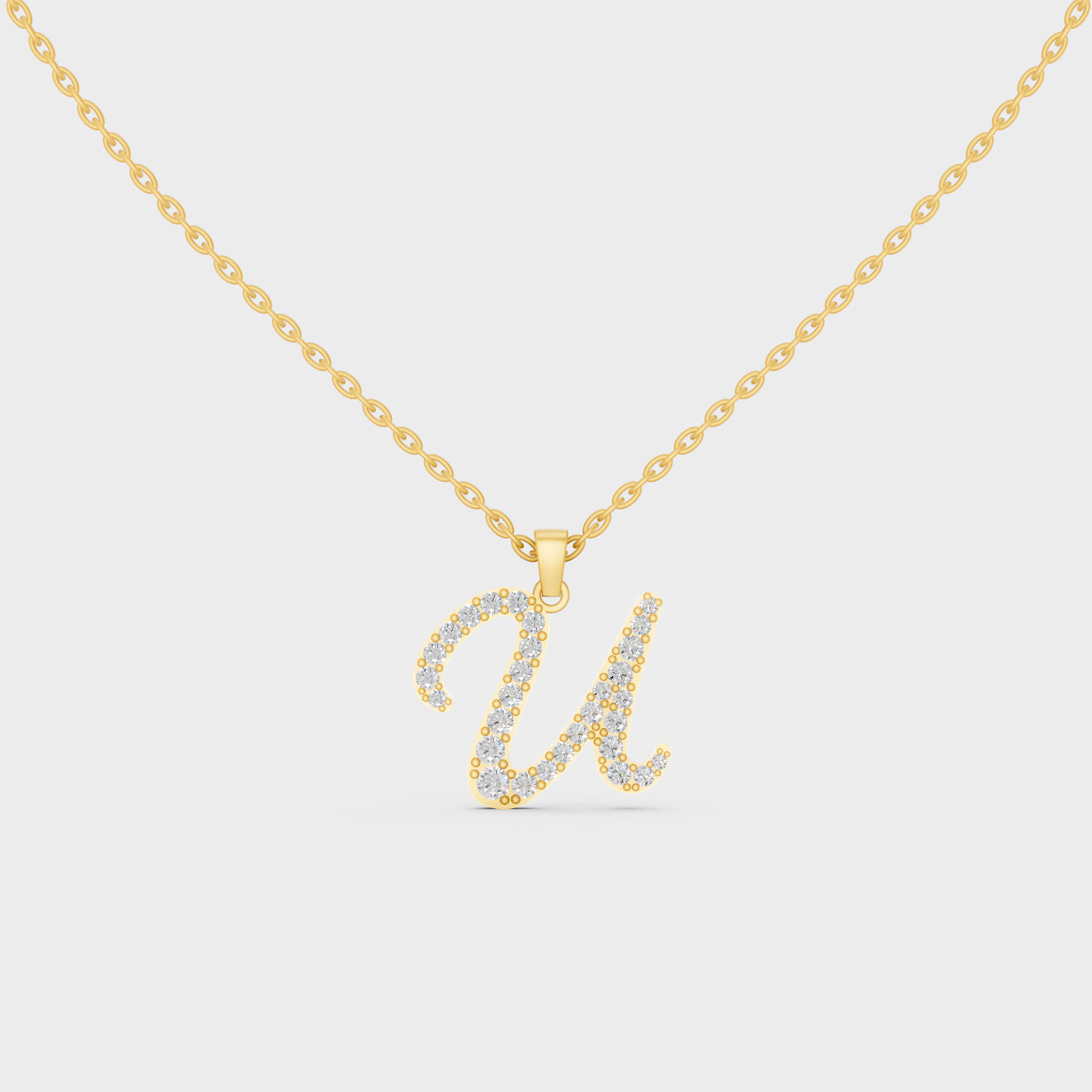 Front View of "U" Alphabet Lab Grown Diamond Pendant with Matching Yellow Gold Chain