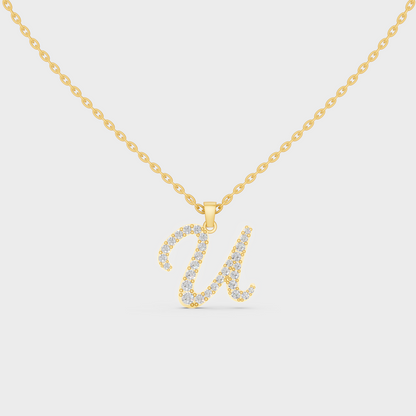 Front View of "U" Alphabet Lab Grown Diamond Pendant with Matching Yellow Gold Chain