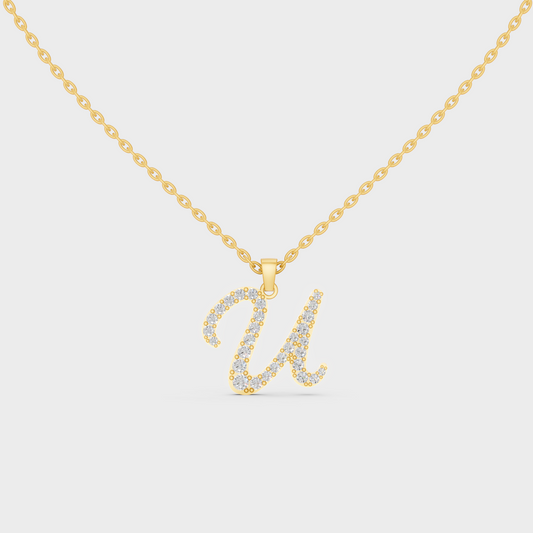 Front View of "U" Alphabet Lab Grown Diamond Pendant with Matching Yellow Gold Chain