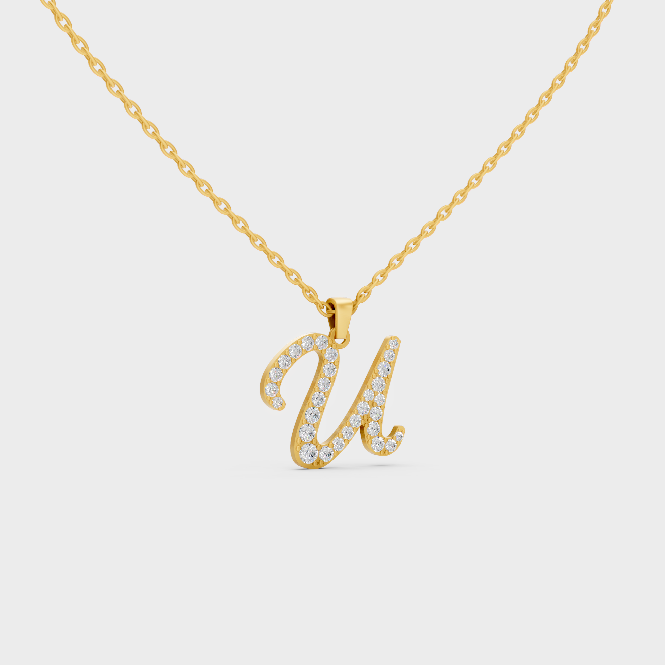 Close Up of Initial Letter U Sustainable Diamond Pendant and 18K Yellow Gold Chain