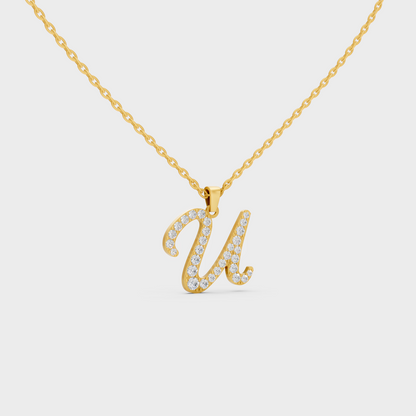 Close Up of Initial Letter U Sustainable Diamond Pendant and 18K Yellow Gold Chain