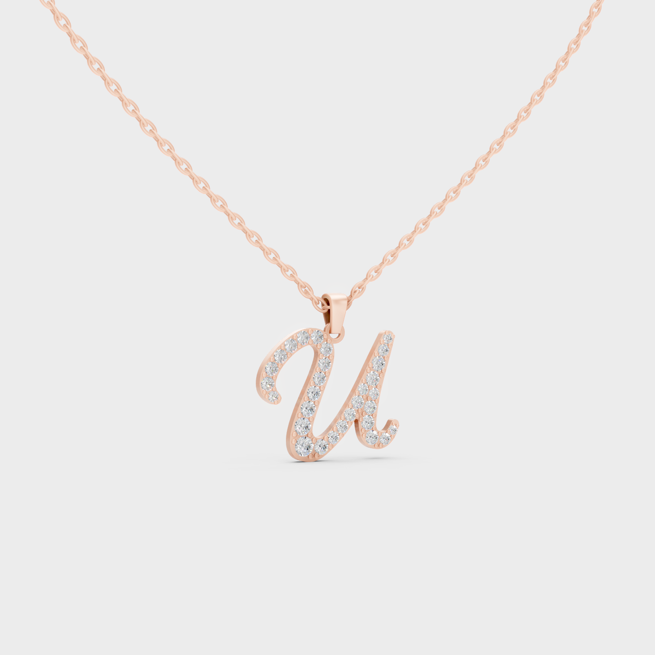 Blush Pink 14K Rose Gold Letter U Initial Necklace Set with Brilliant Round Lab Diamonds
