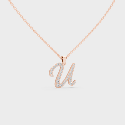 Blush Pink 14K Rose Gold Letter U Initial Necklace Set with Brilliant Round Lab Diamonds