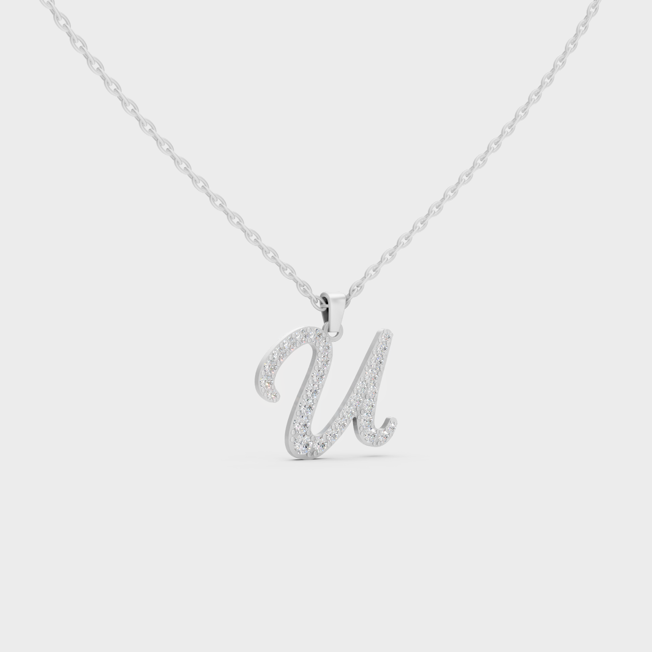 Micro Pave Letter U Initial Necklace Shining with Premium 18K White Gold Chain Set