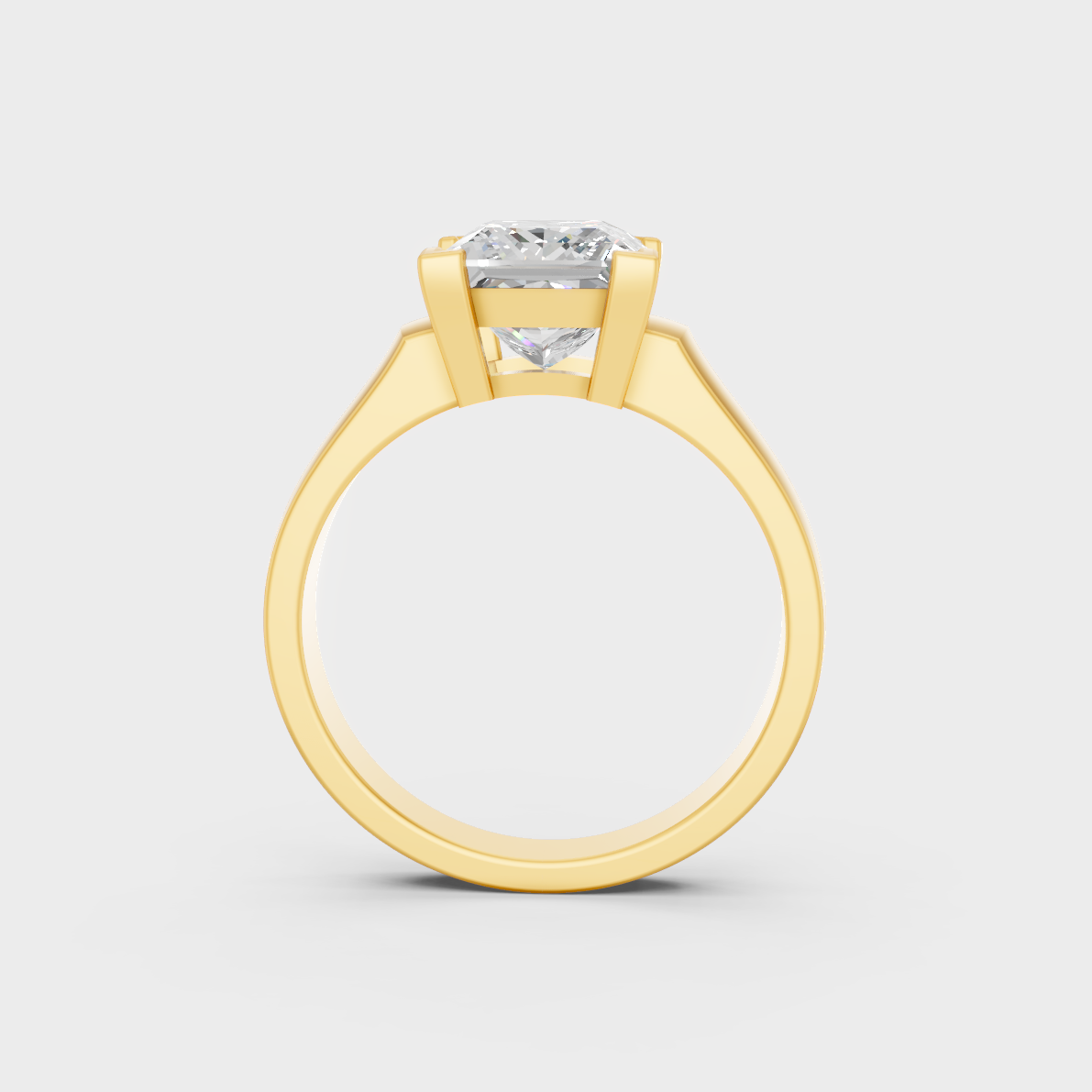 Close-Up View of 2 Ct Princess Lab-Grown Diamond Solitaire Ring with warm 18K Yellow Gold band.
