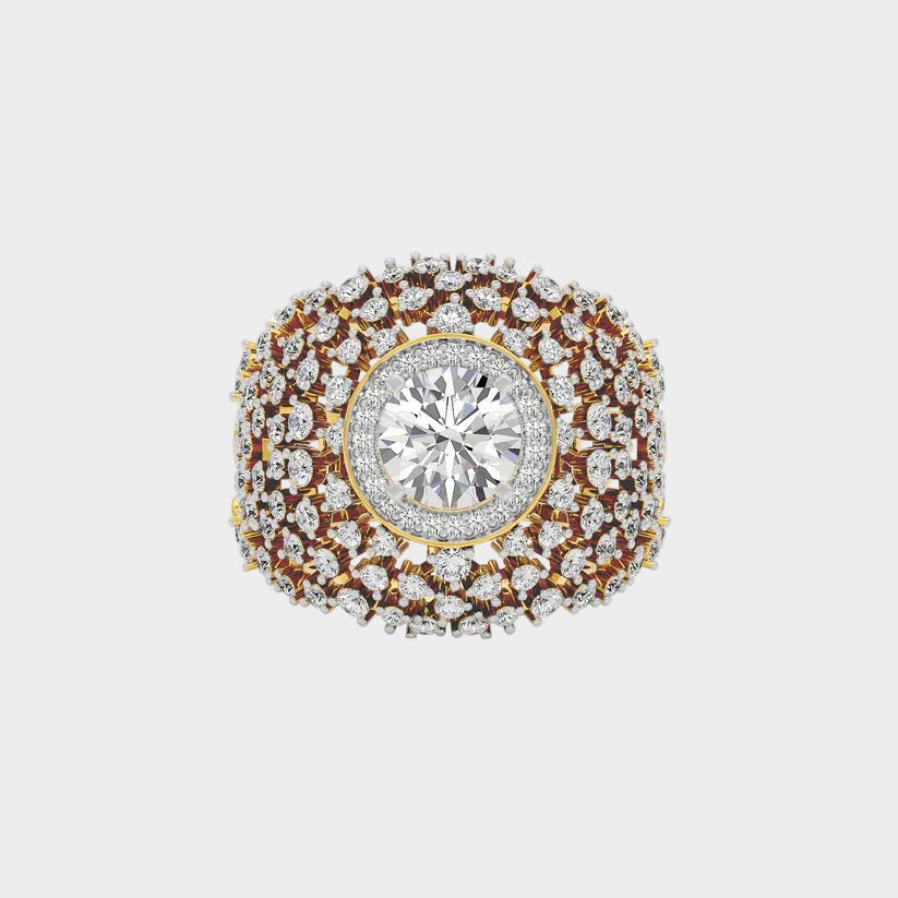Classic yellow gold statement ring featuring round lab diamond