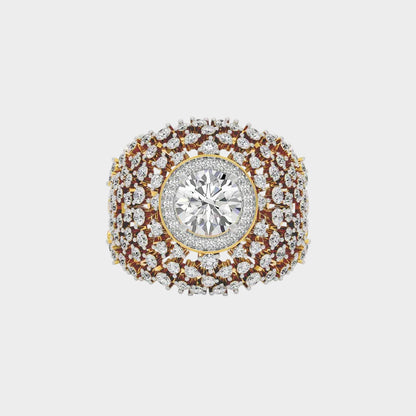 Classic yellow gold statement ring featuring round lab diamond